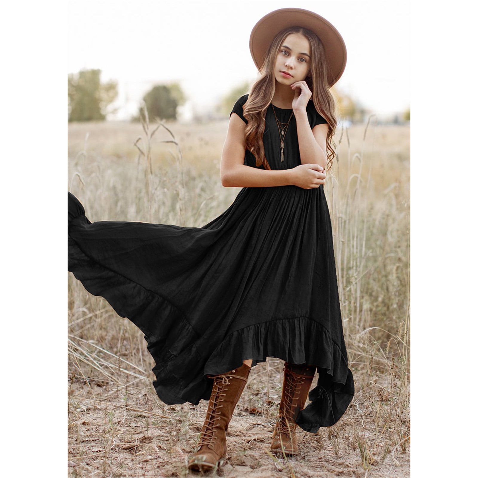 Girls Black Asymmetrical Waterfall Ruffle Gown Dress – Mia Bambina Boutique